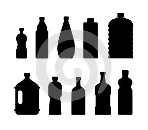 Plastic water bottle icon. Blue liquid container drink, bottle silhouette set. Water cartoon bottles