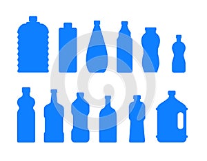Plastic water bottle icon. Blue liquid container drink, bottle silhouette set. Water cartoon bottles