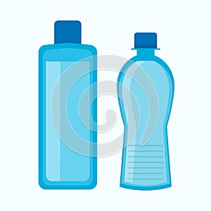 Plastic water bottles collection in blue color isolated on white.