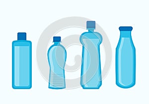 Plastic water bottles collection in blue color isolated on white.