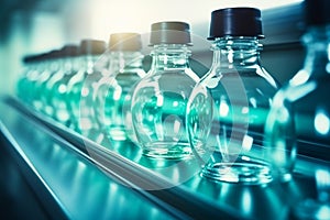 Plastic water bottles on conveyor belt at modern beverage production line in factory setting