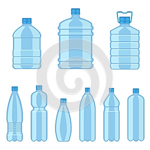 Plastic water bottles. Flat containers different capacities for liquids, beverages advertisement service delivery water