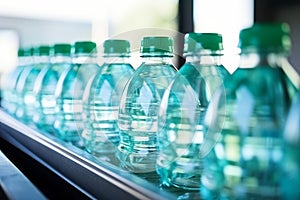 Plastic water bottles on modern beverage plant conveyor belt in manufacturing facility