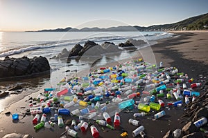 Plastic water bottles pollution in ocean. Generative AI