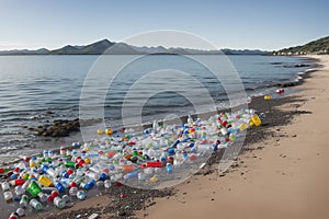 Plastic water bottles pollution in ocean. Generative AI