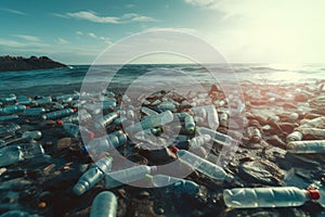 Plastic water bottles pollution on ocean shore. Environment concept