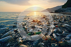 Plastic water bottles pollution on ocean shore. Environment concept