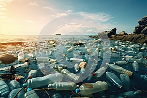 Plastic water bottles pollution on the ocean shore. Environment concept. AI Generated