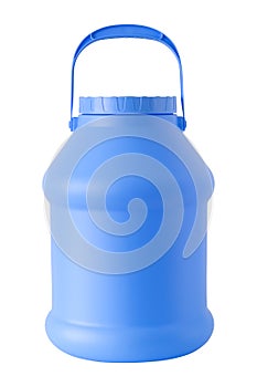 Plastic water and liquids barrel storage. Blue jerrycan or container, isolated.