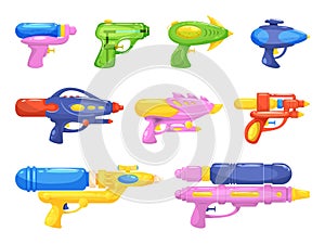 Plastic water weapon. Kids toy guns and liquid shooting pistols, children summer pouring games, songkran thai holiday