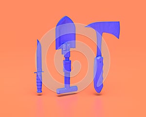 Plastic Weapon series, soldier shovel, commando knife and axe, Indigo blue arm in pinkish background, 3d rendering, war, battle