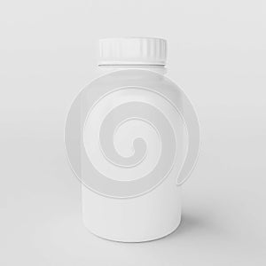 Plastic white supplement, pills, vitamins bottle, mockup with blank space, 3d rendering