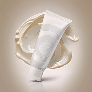 A plastic white tube for a cream against a glossy beige cream. Mockup for cosmetics and creams.