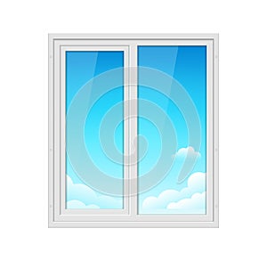 Plastic window frame in house. Vector glass plastic window closedm office inside illustration, blue sky outside