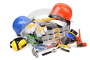 Plastic workbox with assorted tools.