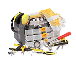 Plastic workbox with assorted tools.