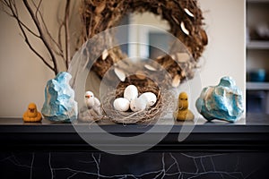 plastic wrap nest with stone eggs on a mantelpiece