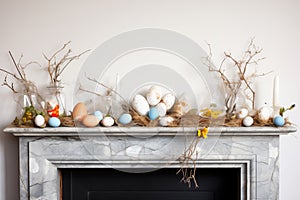 plastic wrap nest with stone eggs on a mantelpiece