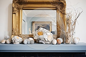 plastic wrap nest with stone eggs on a mantelpiece