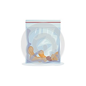 Plastic zip package for food storage. Healthy snack nuts in a closed package. Vector Food Storage Icon.