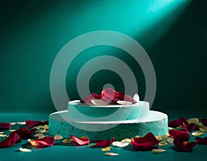 Plastica grunge podium with petals on turquoise background. Cylindrical platform for products promotion. photo