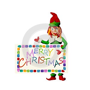 Plasticine 3D greeting card with elf and blank text space