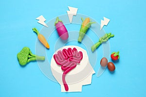 Plasticine figure of man and vegetarian food. Food for mind, charge of energy. Healthy lifestyle, detoxification and antioxidants