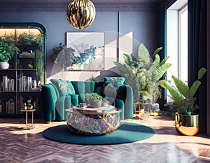 Plasticine living room with sofa, plants and bookshelf, poster for a furniture showroom or for an interior designer, AI Generated