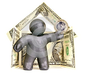 Plasticine man in the house of banknotes