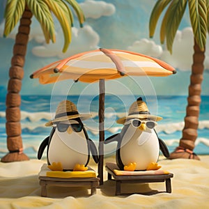 Plasticine penguins on sunbeds on the beach.