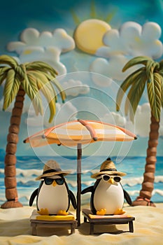 Plasticine penguins on sunbeds on the beach.