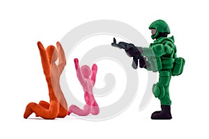 Plasticine soldiers seized hostages isolated on white background