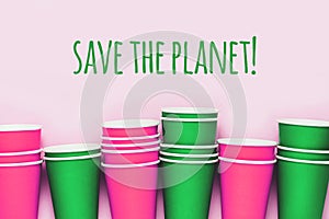 Plastick cups background. Living coral concept of environment pollution