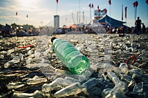 Plastics and bottles garbage consequence of young people party. Pollution and environment protection concept
