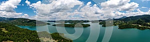 Plastiras Lake, Greece panoramic aerial view, blue cloudy sky. Artificial lake in Karditsa, Thessaly