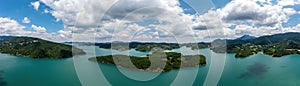 Plastiras Lake, Greece panoramic aerial view, blue cloudy sky. Artificial lake in Karditsa, Thessaly