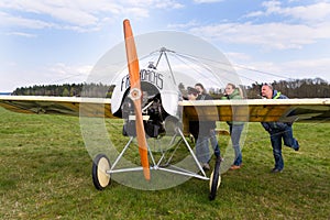 Fokker E. III Eindecker fighter aircraft of World War I. stands on airport