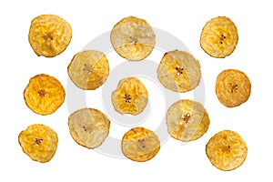 Platano plantain chips on white background