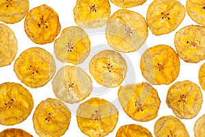 Platano plantain chips on white background