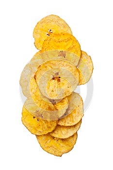 Platano plantain chips on white background