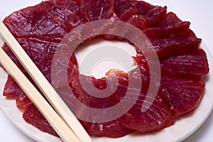 A plate of ahi yellow fin tuna sashimi