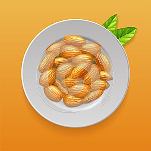 Plate with almonds nuts and green leaves. Realistic 3d illustration. Top view. Vector template for packaging design, labels