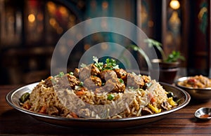 A plate of Asian pakistani indian dish beef biryani rice and meat sits