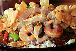 Plate of Asian Stir-fried Shrimp. Closeup