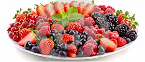 Plate of assorted berries and strawberries with a green leaf on top