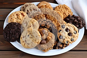 plate of assorted cookies, including chocolate chip, oatmeal raisin and peanut butter