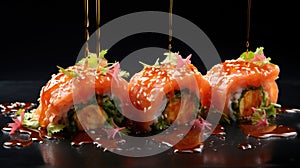 Plate of assorted sushi rolls, close-up shot, chopsticks resting on the side, traditional Japanese setting, minimalist composition