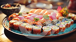Plate of assorted sushi rolls, close-up shot, chopsticks resting on the side, traditional Japanese setting, minimalist composition