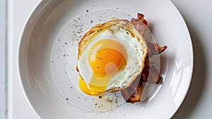A plate of bacon and egg with a yolk on top