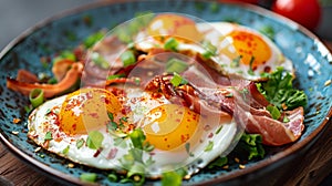 A plate of bacon, eggs and greens on a blue bowl, AI